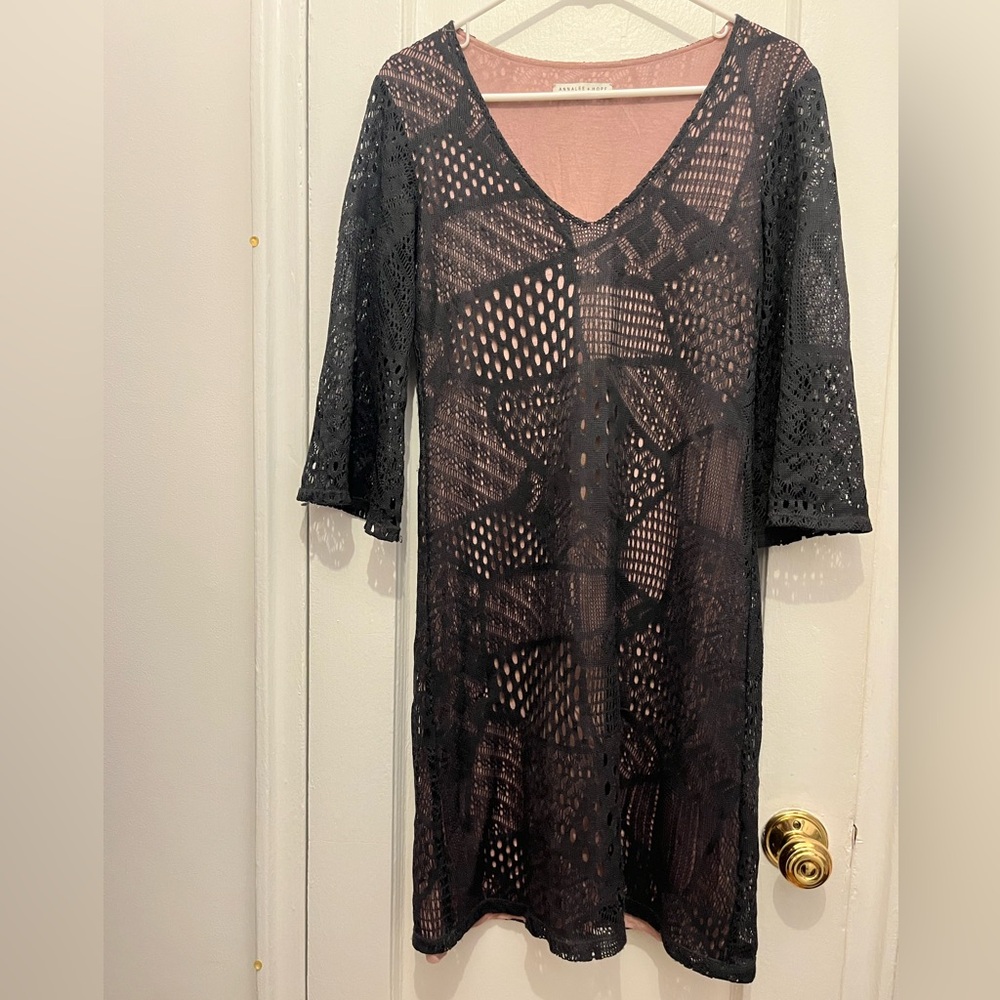 Annalee + Hope Slate Bell Sleeve Lace Overlay Dress with Pale Pink Lining